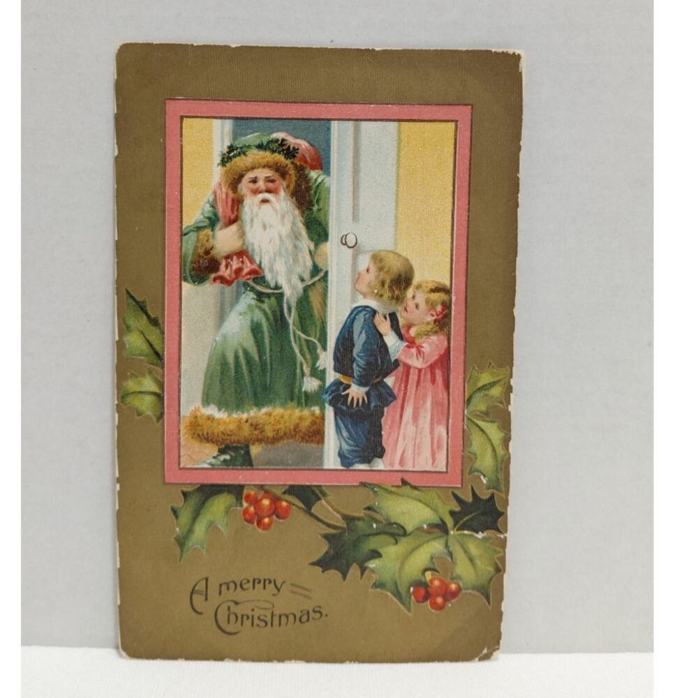 Antique Christmas Postcard Santa Claus Dressed in Green Posted Divided Germany